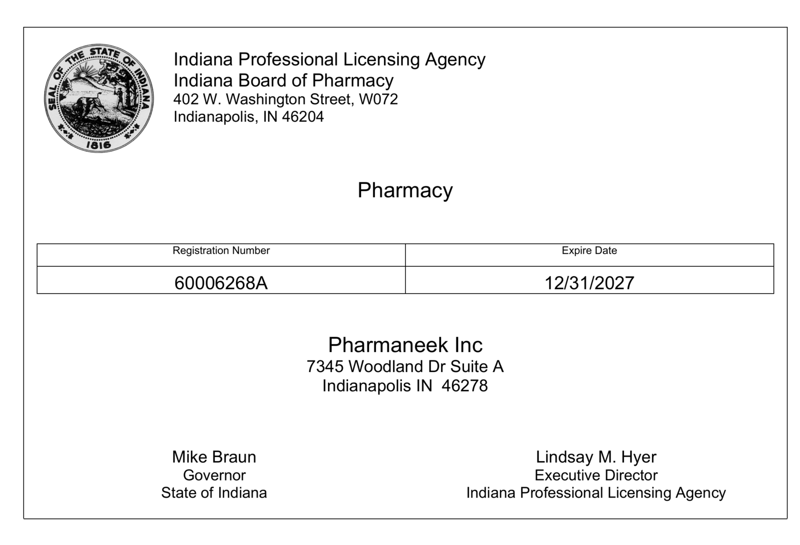 Indiana Board of Pharmacy license certificate for Pharmaneek Inc, registration number 60006268A, expires 12/31/2027