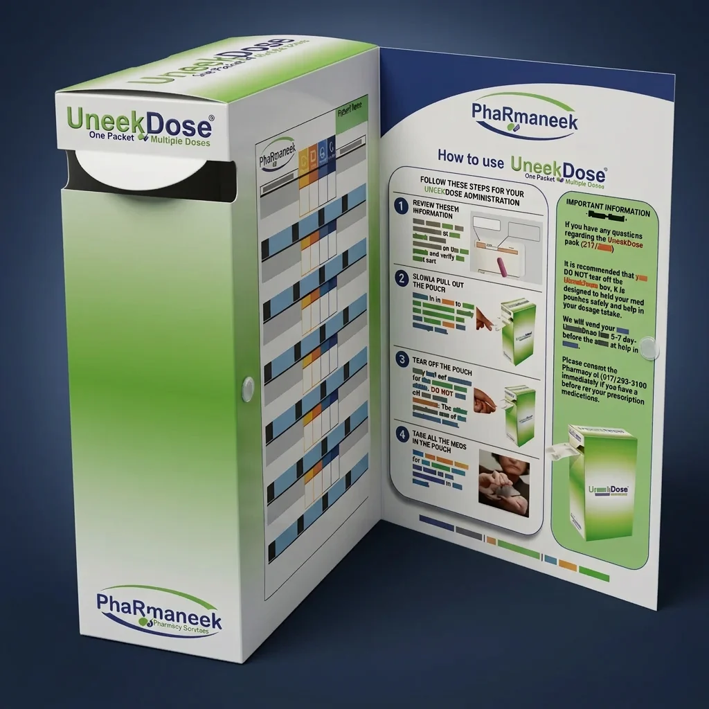Illustrative UneekDose box on a navy studio background