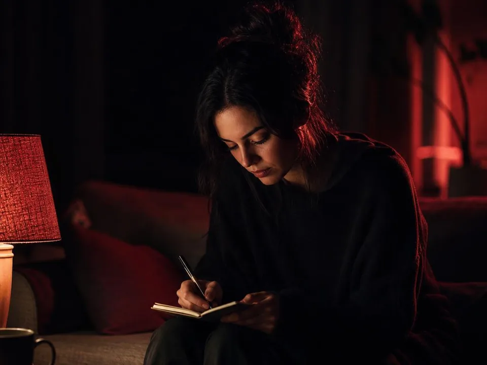 A person writing in a notebook beside a lamp in a dark living room