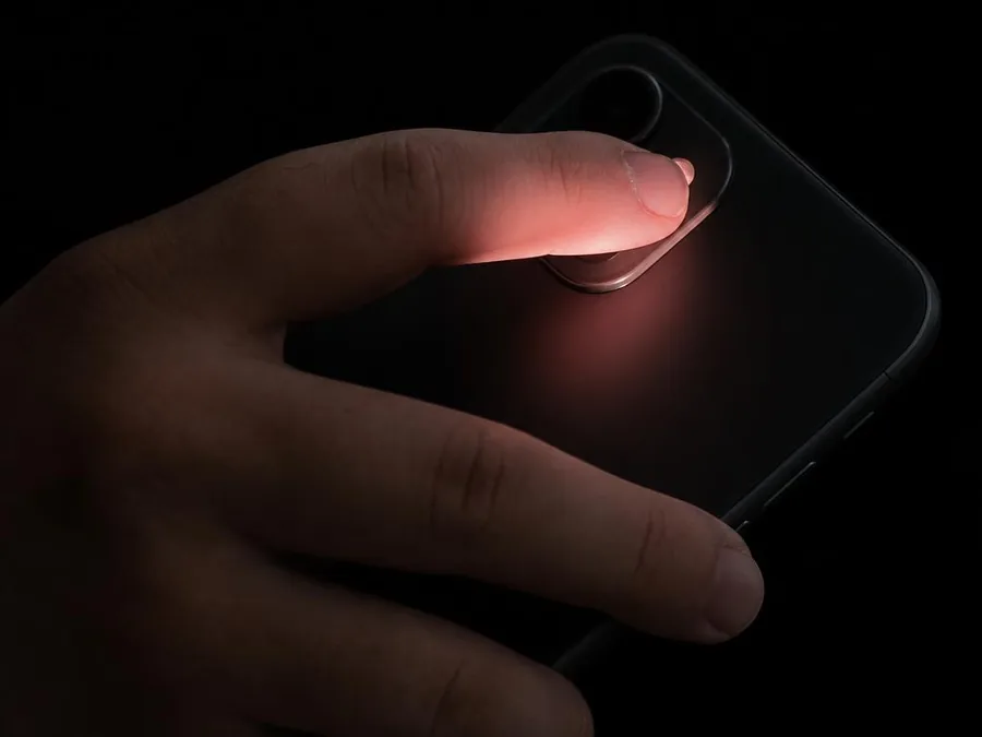 A fingertip resting over a phone camera in a dark room