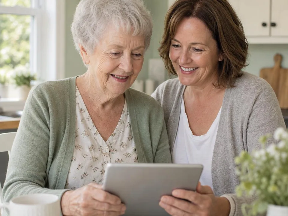 An older woman and her adult daughter looking at a tablet together at a kitchen table