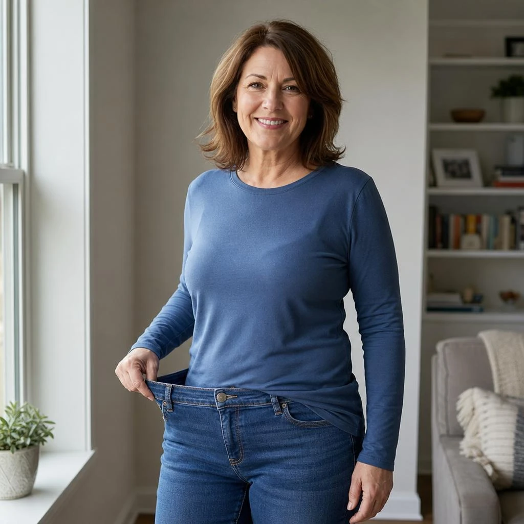 Illustrative middle-aged woman in a blue top showing a little extra room at her jeans waistband