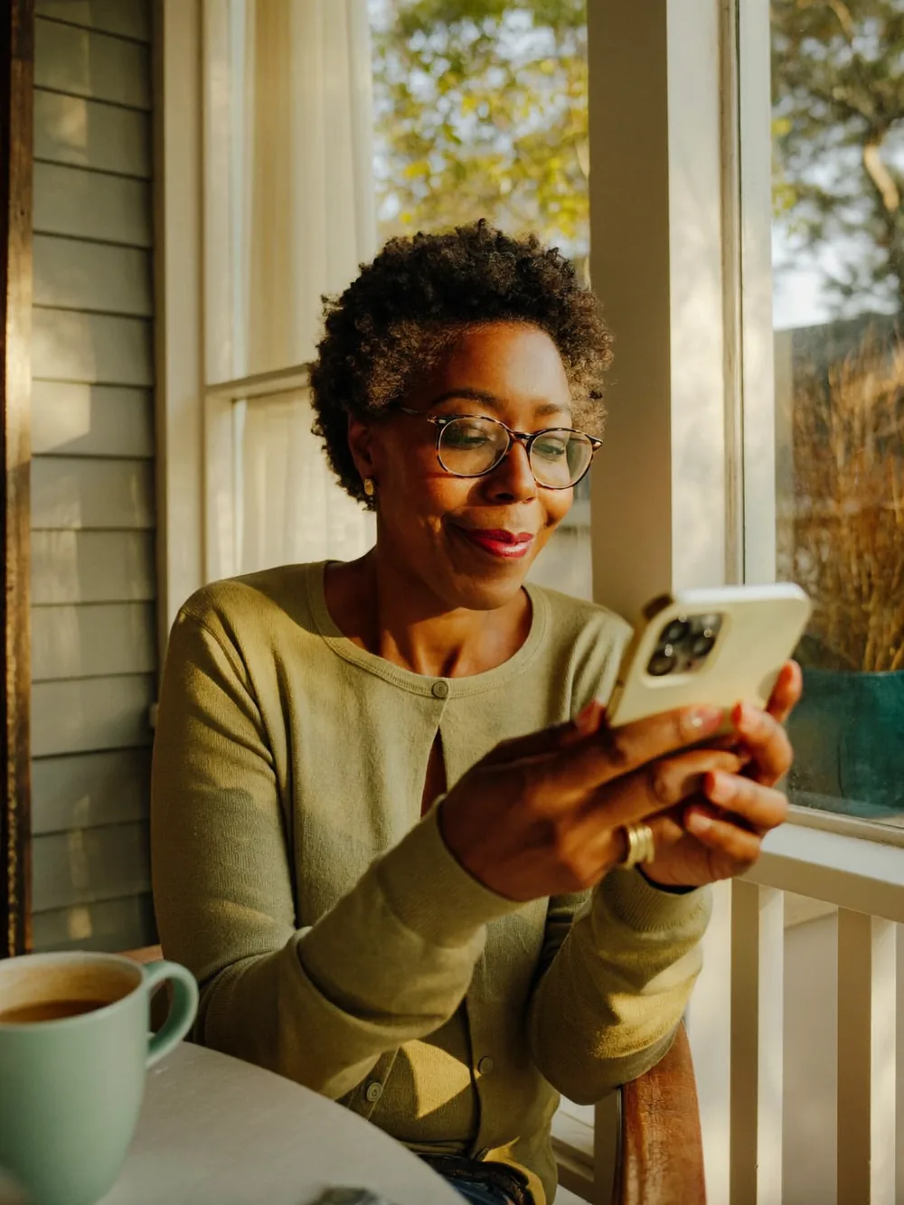 Woman reading her phone on her porch
